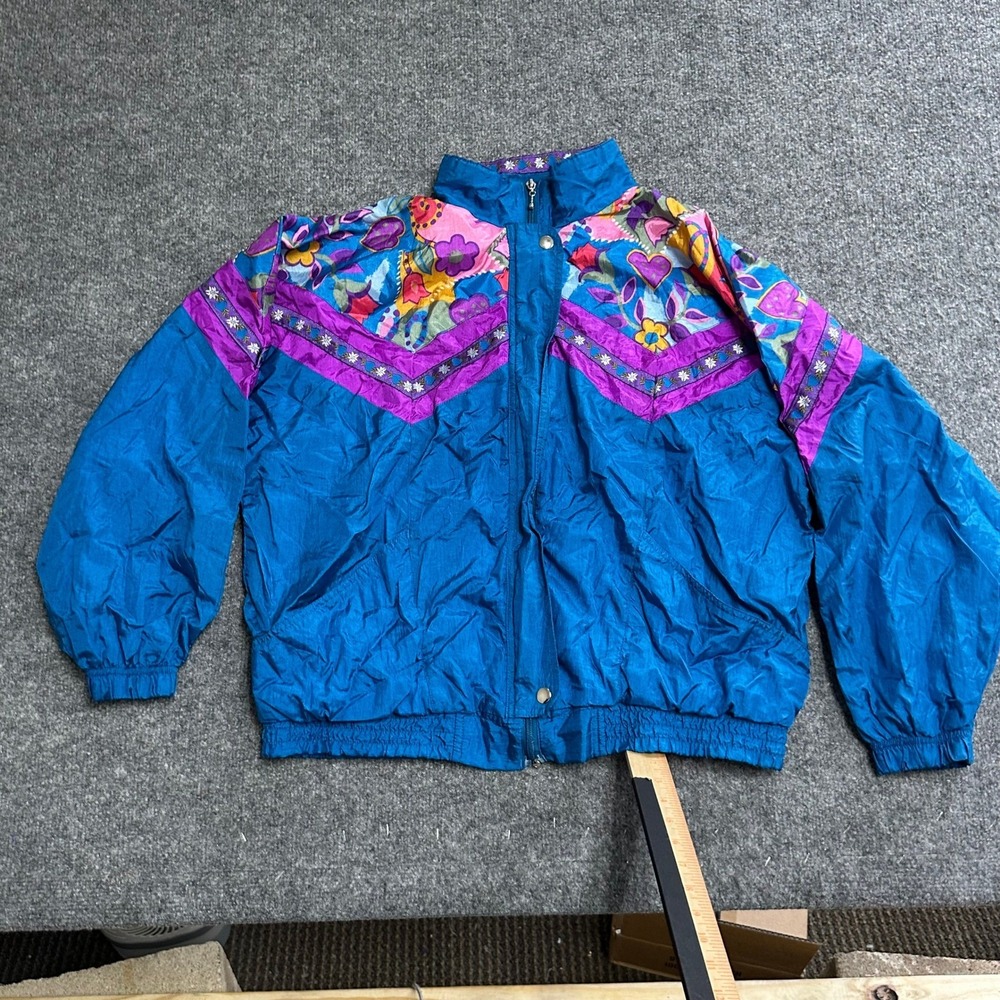 Vintage Windbreaker Jacket Womens Size L Blue Floral Heart Pattern Retro Zip Up